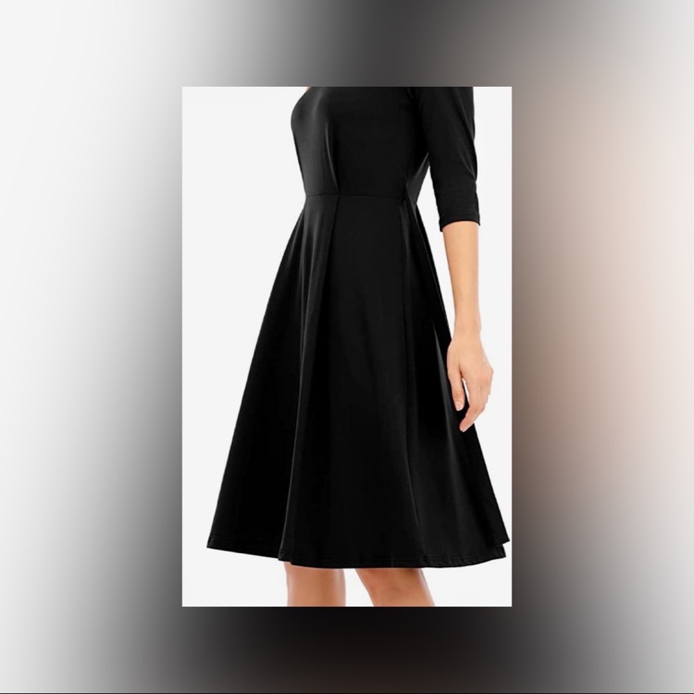 Black midi dress with wrap belt.